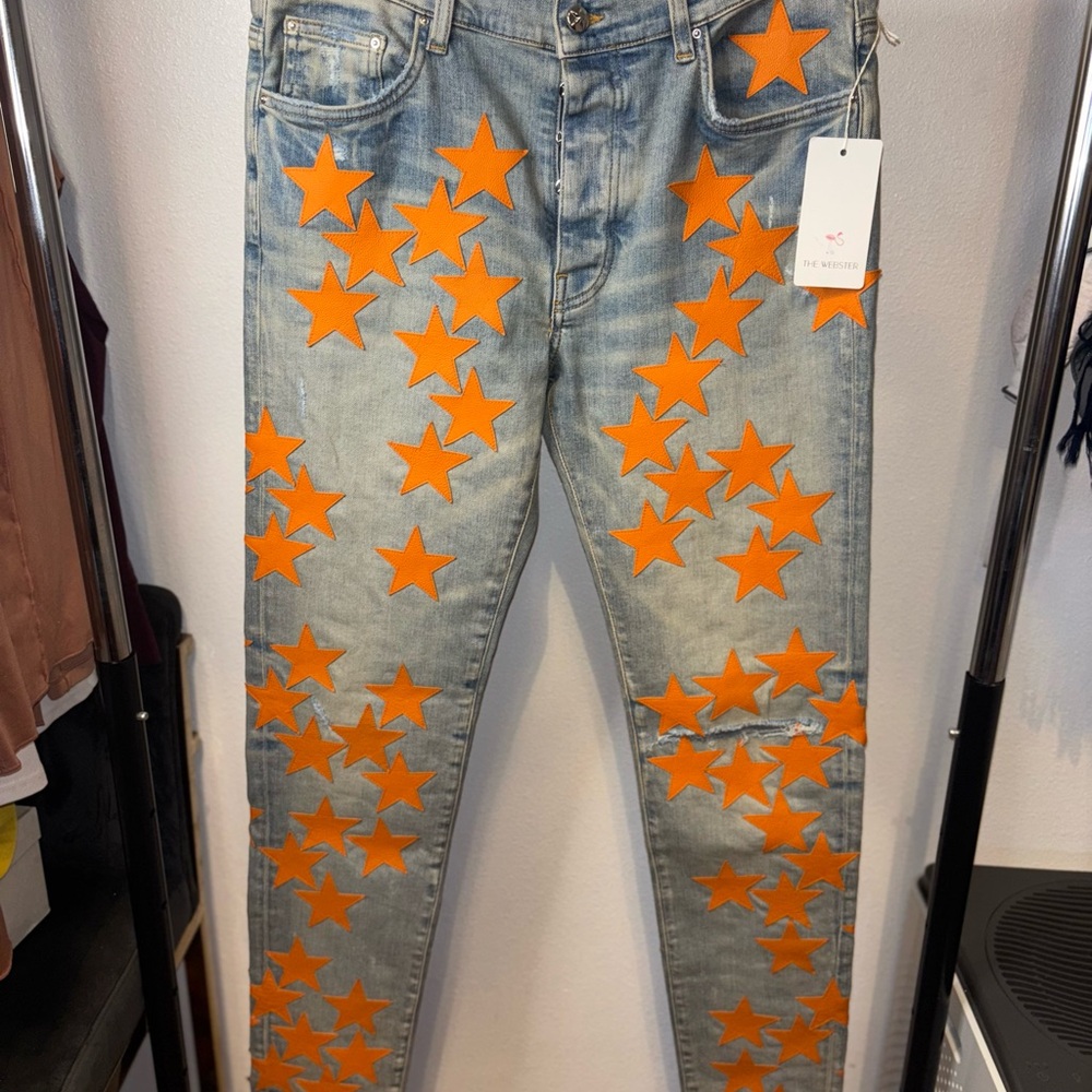 AMIRI X Chemist Collaboration Men's Skinny Jeans with Orange Star Patches